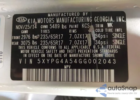 2016 Kia Sorento 3.3L Lx из США, поврежденный, VIN 5XYPG4A54GG002043